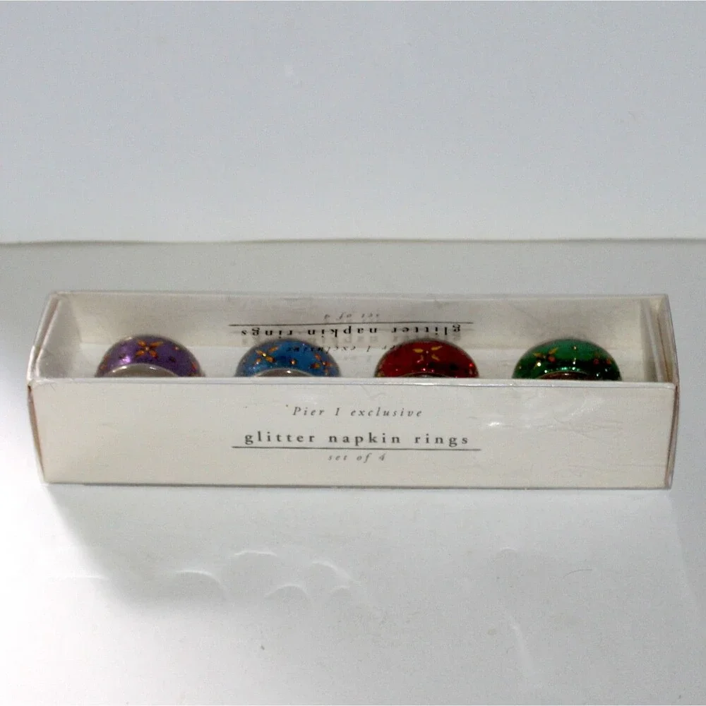 Pier 1 4 Napkin Ring Set glitter metal NEW table decor Boho star